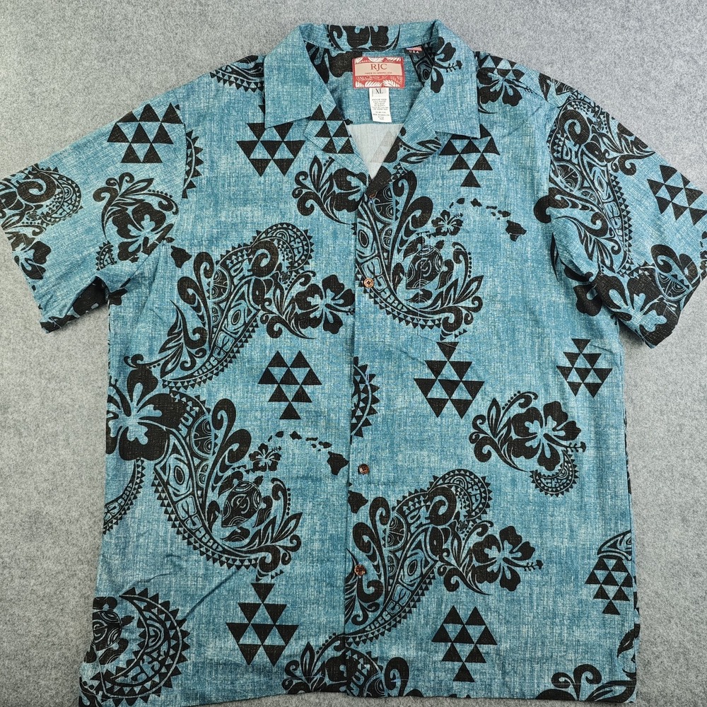 RJC Hawaiian Shirt Mens XL Blue Aztec Floral Short Sleeve Camp Cotton